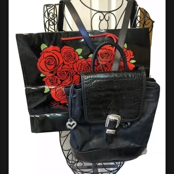 Authentic Vintage Brighton Leather Crocodile Black BackPack Heart Charm Silver - Picture 2 of 15